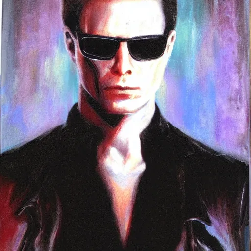 Prompt: Albert Wesker full body portrait, oil painting, surrounded by black tendrils