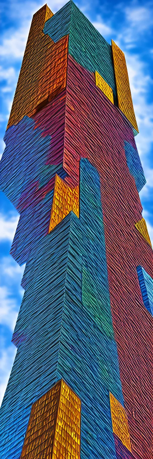 Prompt: A realistic detailed photo of a skyscraper made of wood and metal, colorful, vibrant, strangely mutated, 8k, super detailed, hyperrealistic, cinematic,