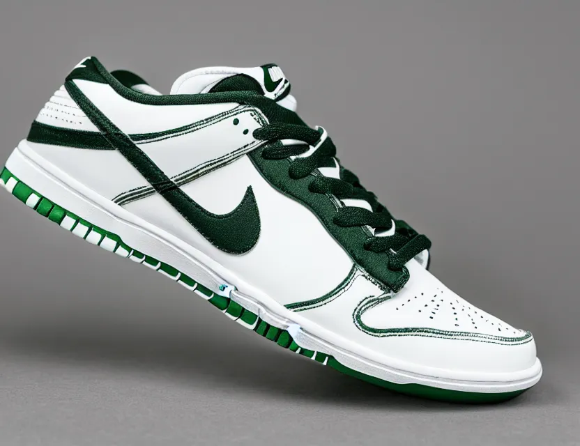 Image similar to a press photograph of nike dunk low pine green and white, size 1 0, white background