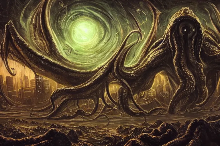 Image similar to man is seeing old god eldritch horror cthulhu terrifying the night sky of a modern city with tall buildings, epic scene, hyper - detailed, gigantic cthulhu, photo - realistic wallpaper, dark art, oil paint