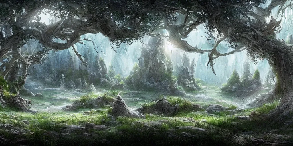 Prompt: a fantasy landscape with white beautiful trees, jesus christ, perfect faces