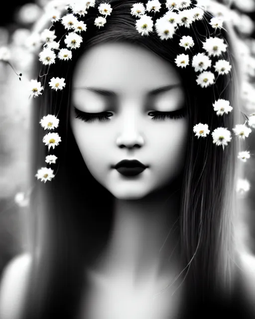 Prompt: black and white dreamy young beautiful female artificial intelligence, realistic flowers ornament in the face, long hair are intricate with highly detailed realistic flowers, cinematic, rim light, bokeh, photo - realistic, elegant, high detail, 8 k, masterpiece, photo taken in 1 9 3 0