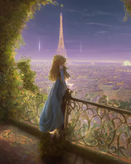 Prompt: over the shoulder landscape painting of violet evergarden, behind are distant lights from paris, eiffel tower, long blonde hair, next to the reflecting ocean, nighttime, by vladimir volegov and Philipp A. Urlich and Pengzhen Zhang and Andreas Rocha, fantasy, intricate, elegant, highly detailed, digital painting, artstation, blender, unreal engine 5, octane render, smooth, sharp focus, illustration