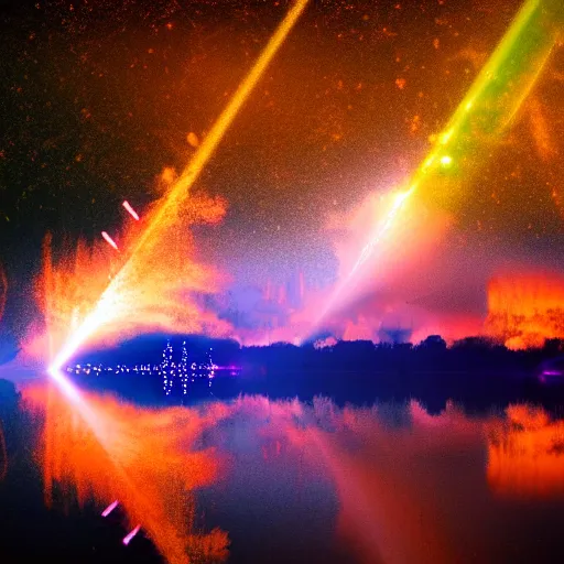 Prompt: collage, lasers and smoke over a lake in the nightime