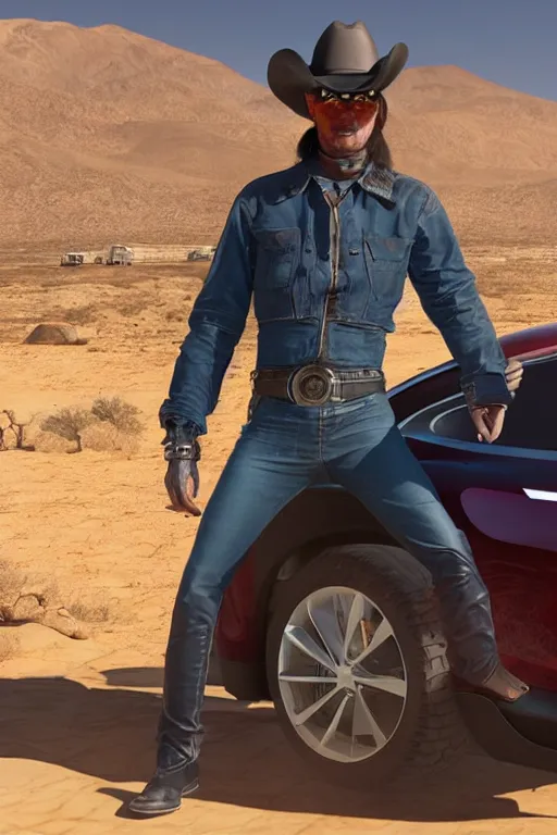 Prompt: cyberpunk cowboy with his tesla in the Mojave desert, high definition, many details, dramatic scene, detailed and realistic hands, symmetrical face, realistic eyes, art of unreal engine 5