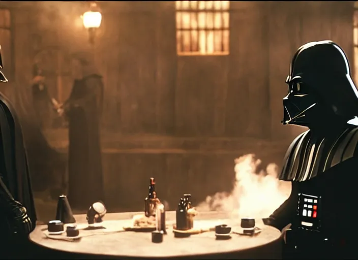 Image similar to film still of Darth Vader as William the man in black in Westworld drinking at the saloon, 4k