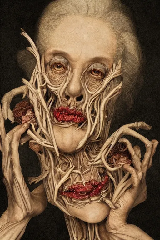 Image similar to Detailed maximalist portrait of a beautiful old woman with large lips and eyes, scared expression, botanical skeletal with extra flesh, HD mixed media, 3D collage, highly detailed and intricate, surreal illustration in the style of Caravaggio, dark art, baroque, centred in image