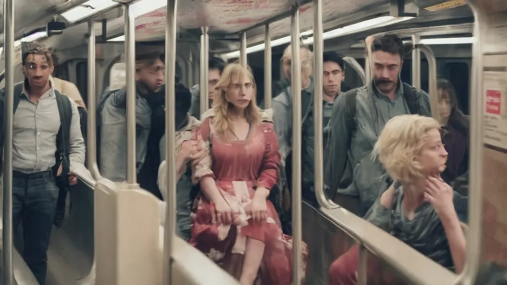 Image similar to an high quality still from an a 2 4 horror movie about riding the subway at night directed by ari aster