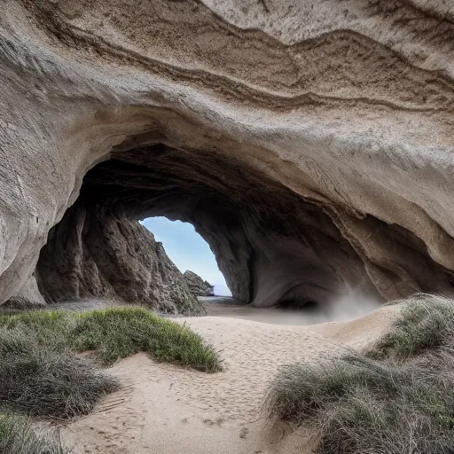 Prompt: Gentle rolling sand dunes, cave entrance, abandoned mineshaft, old wood, grey jagged rock, 4K, high detail, Fallen trees, darkness, water, cloudless sky, smoke rising in background, 8k ultra realistic, photography