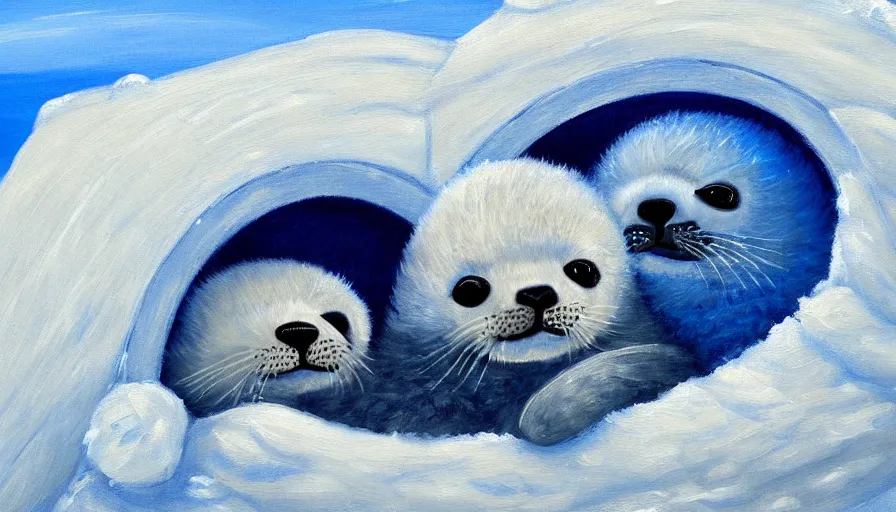 Image similar to highly detailed painting of cute furry white baby seals cuddled up in an igloo by william turner, thick brush strokes and visible paint layers, 4 k resolution, blue and white colour scheme