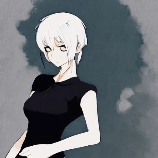 Prompt: girl with short white hair and bare shoulders, wearing black gloves and a white shirt, art by makoto shinkai