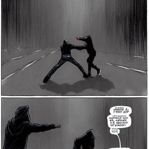 Image similar to a man in a white hoodie fighting a man in a black hoodie, vintage comic, greg rutkowski