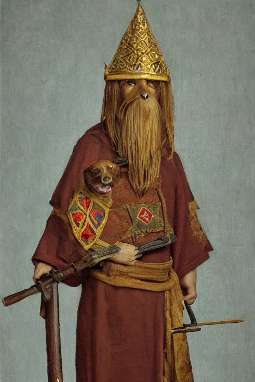 Prompt: slavic dog head man, woolen torso in medieval clothes, holding a weapon, orthodox, oil painting, concept art, hyperrealism, beautiful, high resolution, trending on artstation, by annie swynnerton and nicholas roerich, embroidered robes, elaborate costume, geometric ornament, symbolist, soft colors, dramatic lighting, extremely detailed, two hands,