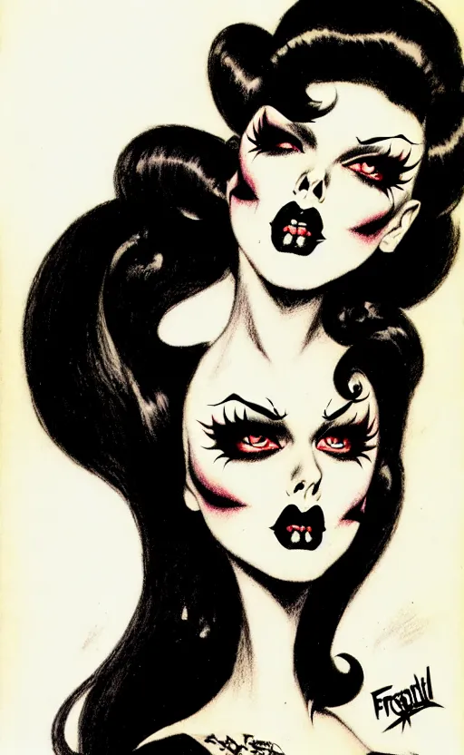 Prompt: goth girl with a detailed face and black hair, burlesque psychobilly, rockabilly, punk, white background, drawing, illustration by frank frazetta