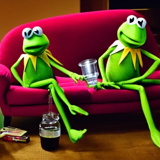 Prompt: candid photo of kermit the frog sitting on the couch hitting a bong, kermit the frog in ted ( 2 0 1 2 ) bong scene, kermit the frog, high resolution photo, trending on artstation, interior design,