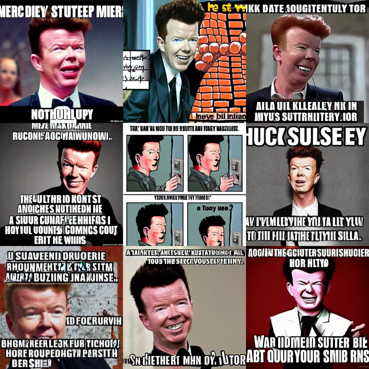 Prompt: a hilarious rick astley slaughterhouse meme