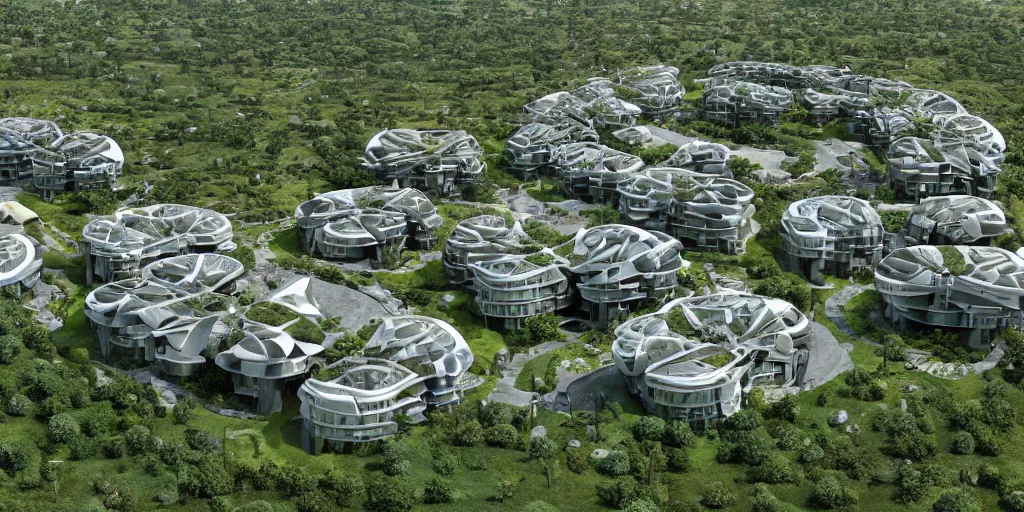 Image similar to futuristic eco-village with high diversified houses, solarpanels and integrated in nature, opposite of urban sprawl, forte gimenes marcondes ferryz arquitetos detailed, octane render, photo realism, 3D, ray tracing, photo realism