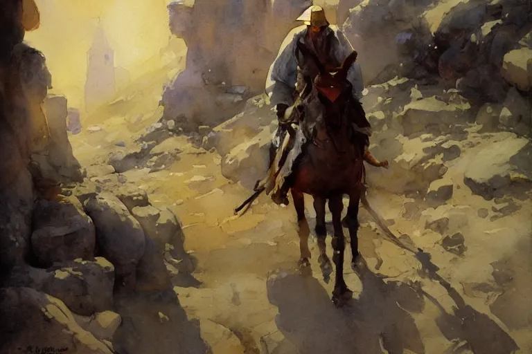 Prompt: small centered on watercolor paper, paint brush strokes, abstract watercolor painting of ancient betlehem herder, cinematic light, national romanticism by hans dahl, by jesper ejsing, by anders zorn, by greg rutkowski, by greg manchess, by tyler edlin