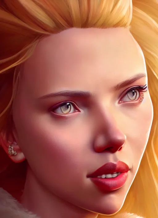 Image similar to scarlett johansson portrait as a disney princess, au naturel, hyper detailed, digital art, trending in artstation, cinematic lighting, studio quality, smooth render, unreal engine 5 rendered, octane rendered, art style by klimt and nixeu and ian sprigger and wlop and krenz cushart