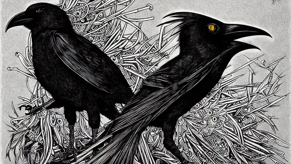 Prompt: highly detailed illustration of a crow by aaron horkey