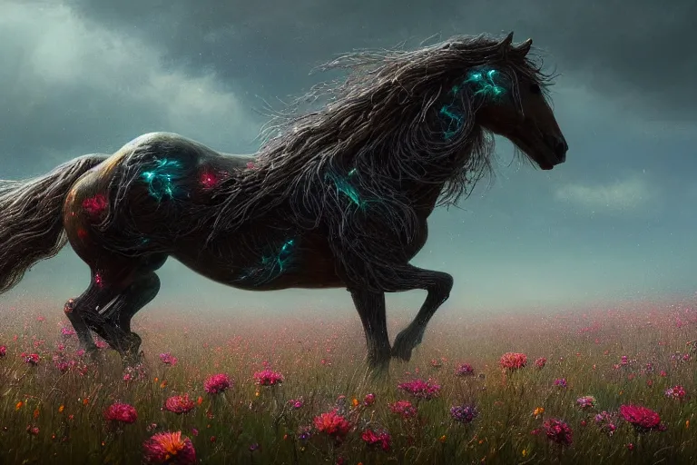 Image similar to a stunning digital painting of a horse made of instricately engraved gnarled wood with a mane of bioluminescent flowers running through a field of flowers by greg rutkowski, flowercore, volumetric light, digital art, fine detail, photorealistic