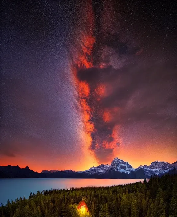 Image similar to amazing landscape photo of mountains with lakehouse at dusk by marc adamus, beautiful dramatic lighting, celestial nightsky stars