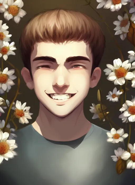 Image similar to white young man with a wide smile, prominent big eyes, round cute lips, round portruding chin, wise forehead, background is covered with brown flowers, sharp, highly detailed, simple lines, digital painting, artstation, concept art, matte, sharp focus, illustration, anime moe artstyle