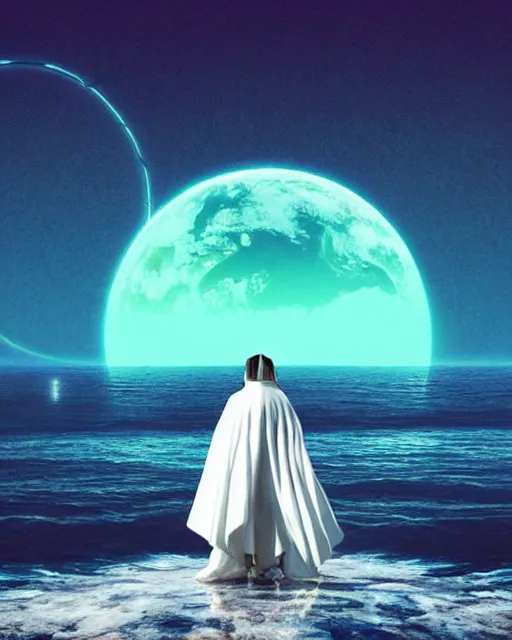 Image similar to a person wearing a white cloak that's blowing in the wind. they are standing in the water. a large planet with rings is visible in the sky. an album cover by stanley twardowicz, trending on cg society, retrofuturism, retrowave, chillwave, synthwave