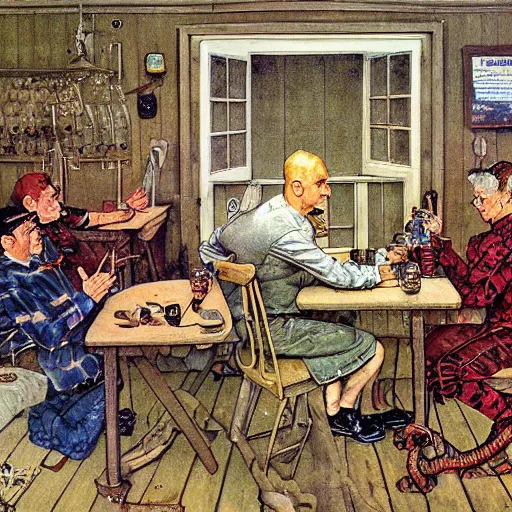 Image similar to dragwads, british dragons, ultraterrestrial dragons, drinking tea and gin at at the local tavern, subsurface scattering, soft colors, don't look out the front door no matter what you do, drawn by norman rockwell