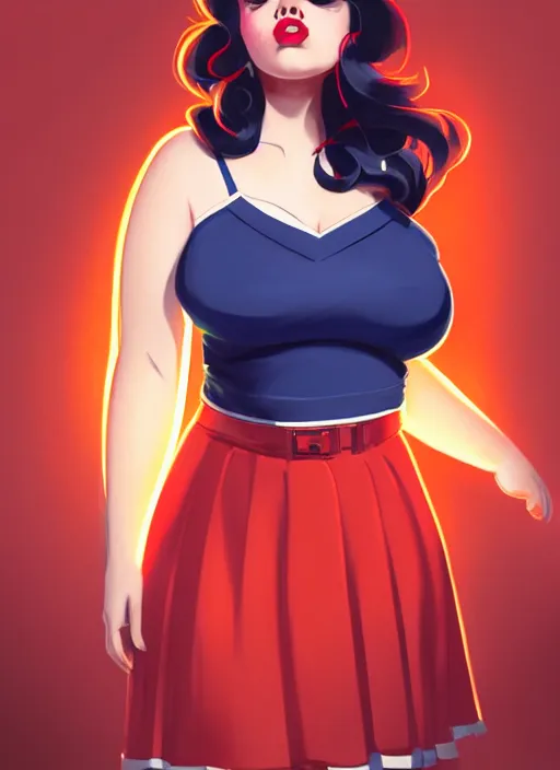 Image similar to full body portrait of teenage veronica lodge, obese, bangs, sultry, realistic, sultry smirk, wavy hair, red skirt, fat, belly, intricate, elegant, glowing lights, highly detailed, digital painting, artstation, concept art, smooth, sharp focus, illustration, art by wlop, mars ravelo and greg rutkowski