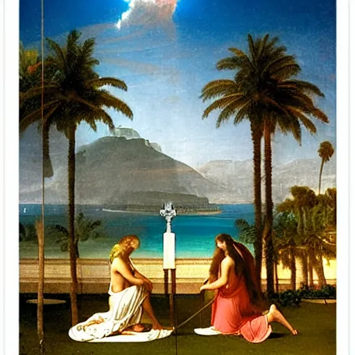 Image similar to The biggest palace ever made, thunderstorm, greek pool, beach and palm trees on the background major arcana sky, by paul delaroche, hyperrealistic 8k, very detailed