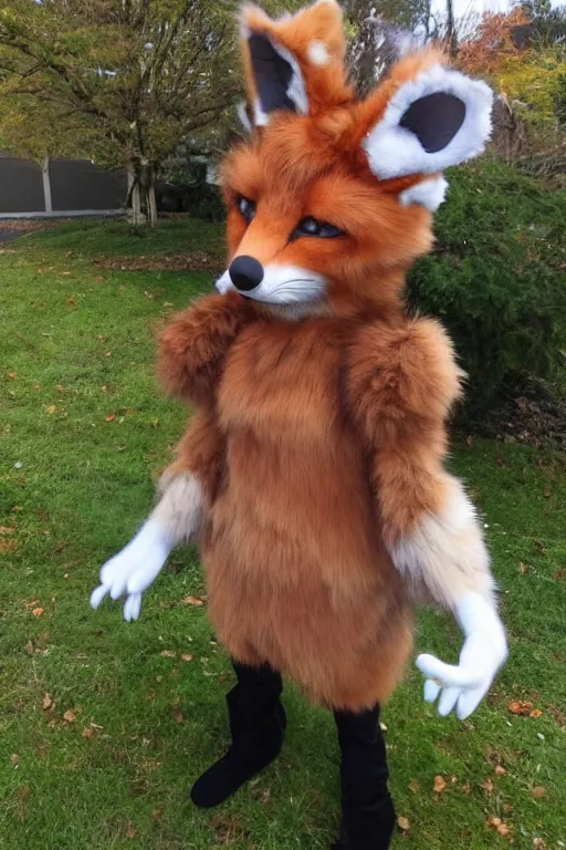 Prompt: an anthropomorphic fox with a fluffy tail as a fursuit, cosplay
