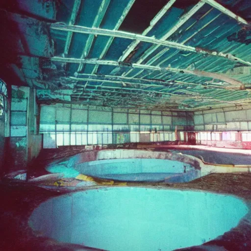 Prompt: an eerie photo of an abandoned indoor water park from the 1 9 9 0 s at night, disposable film