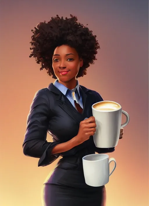 Prompt: detailed digital painting of beautiful black woman with natural hair in corporate attire holding a steaming coffee mug, fanart behance trending on artstation, concept art, matte, sharp focus, illustration, corner office background, hearthstone, art by artgerm and greg rutkowski and alphonse mucha