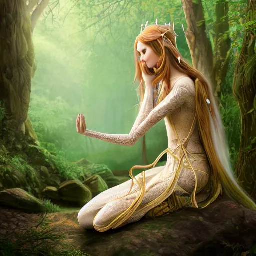 Prompt: elven princess meditating in forest, digital art, trending on artstation, ultra detailed, intricate, sacred geometry, serene, beautiful, photo, realistic, perfect, smooth, 8k