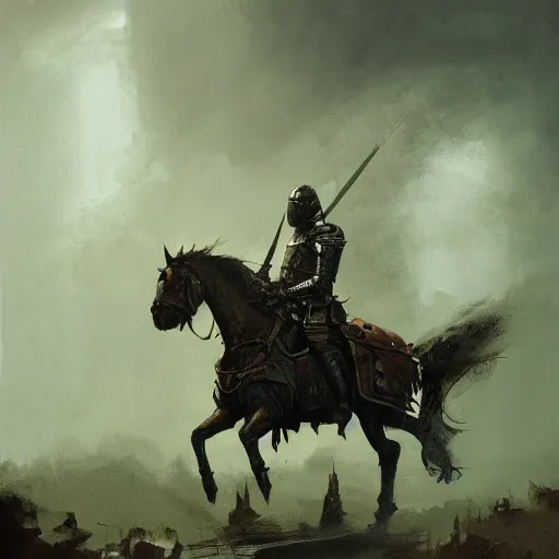 Prompt: Highly realistic and detailed painting of a knight in rusted armor, dark green energy radiates from the knight, oil painting, the knight is in full height, by Greg Rutkowski, 4k, moody lighting, dark fantasy