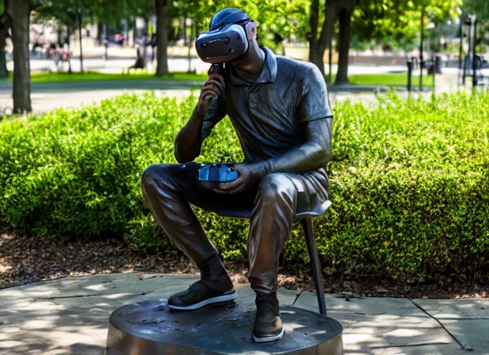 Image similar to photo still of a bronze statue of a man gaming in vr in a park on a bright sunny day, 8 k 8 5 mm f 1 6