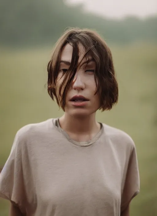 Image similar to a woman, in nature, beautiful face, serious expression, brown hair, wearing pants and a t-shirt, backlit, photo by Marat Safin, Canon EOS R3, f/1.4, ISO 200, 1/160s, 8K, RAW, unedited, symmetrical balance, in-frame