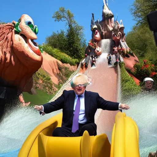 Prompt: Boris Johnson having the time of his life alone riding by splash mountain