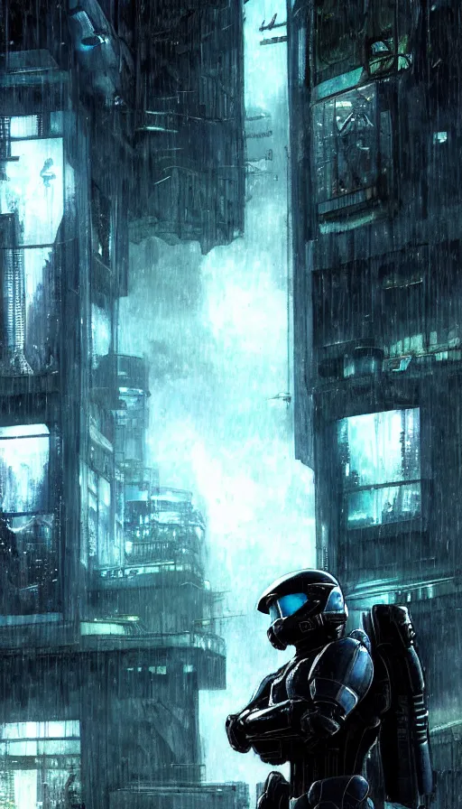 Prompt: close shot of a lonesome odst looking at the rainy fallen city of alexandria in halo odst by sandra chevrier, moebius, atmospheric, fine details, vivid, neon, masterpiece