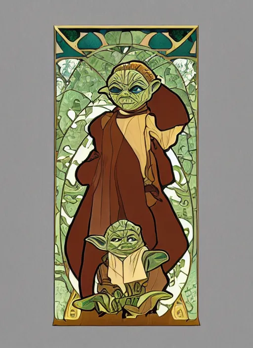 Image similar to art nouveau, Lego Yoda in the style of Alphonse Mucha