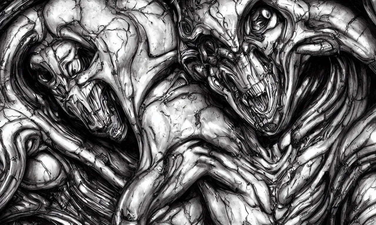 Image similar to engineer prometheus face by Artgerm, xenomorph alien, highly detailed, symmetrical long head, smooth marble surfaces, detailed ink illustration, raiden metal gear, cinematic smooth stone, deep aesthetic, concept art, post process, 4k, carved marble texture and silk cloth, latex skin, highly ornate intricate details, prometheus, evil, moody lighting, hr geiger, hayao miyazaki, indsutrial Steampunk