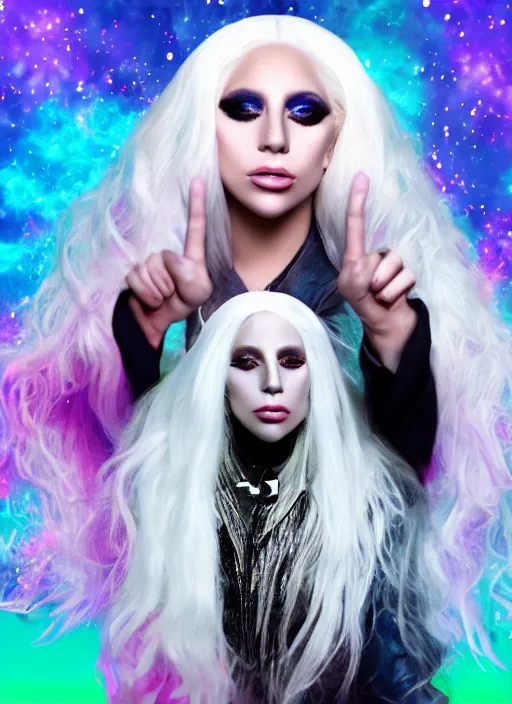 Image similar to lady gaga with long white hair holding a peace sign, an album cover by Hedi Xandt, featured on deviantart, holography, smokey background, matte background, seapunk High resolution. Highly detailed. Dramatic. 8k.4k.