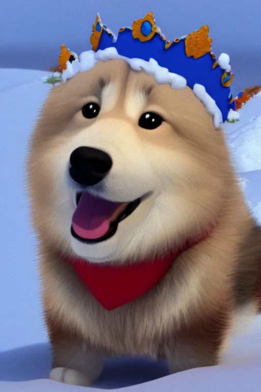 Image similar to happy finnish lapphund dog, wearing a crown, playing in the snow, pixar, disney, 4 k, 3 d render, funny, animation, movie, oscar winning, trending on artstation