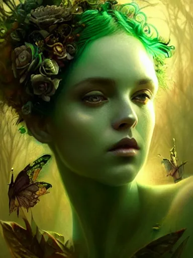 Prompt: green!! forest fae ; by james jean, charlie bowater, tom bagshaw, nikolay makovsky, melanie delon : : enchanting, ethereal, magical, glowing, sparkle, iridescent, flowerpunk, portrait, character design, illustration, hyperrealism, photorealism, digital art, concept art, dark fantasy, weta, wlop, artstation