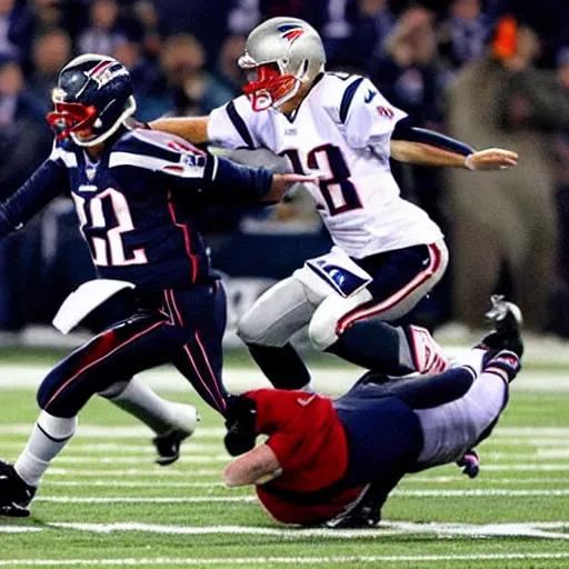 Prompt: Quarterback Tom Brady getting decapitated by a vicious football tackle