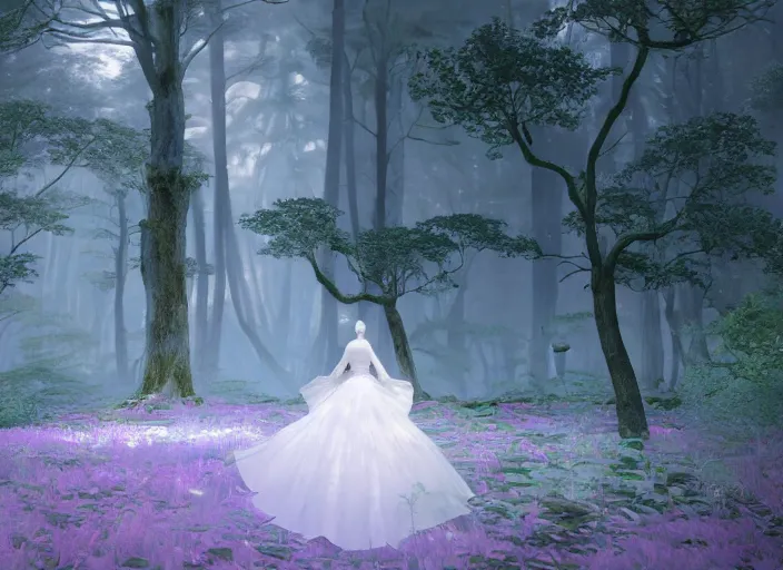 Image similar to a woman dressed in a white dress, seen from behind, in a magical forest, painted by, mc escher, gordon onslow ford, georgia o'keeffe and ivan aivazovsky, cinematic light, god rays, colourful, unreal engine, zbrush central,