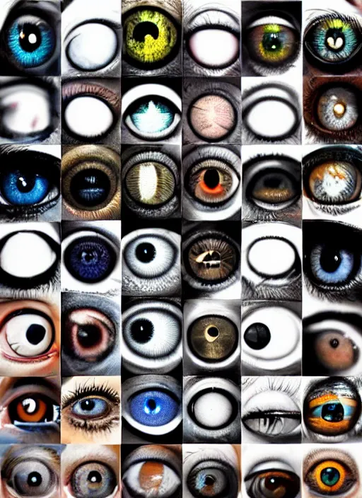 Image similar to human eyes!, black centered pupil, circle iris detailed structure, happy smiling human eyes, eyelashes, art styles mix, from wikipedia, eye relections, hd macro photographs, grid montage of shapes