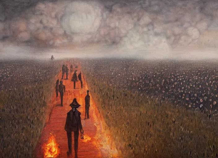 Prompt: an oil painting of a line of people walking into the distance, fire on the horizon, by marc simonette and alexander jansson, junji ito, concept art