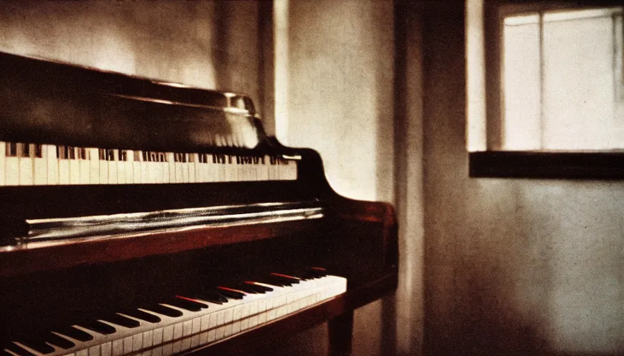 Image similar to 7 0 s film still from a horror movie about an old piano, kodachrome, cinecolor, cinestill, film grain, film texture, retro, cinematic, high resolution, photorealism,